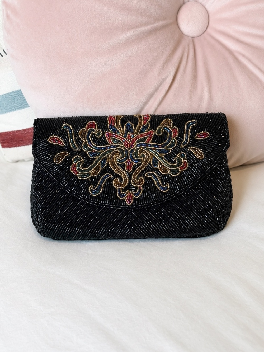 Vintage Black Beaded Embroidered Evening Clutch Formal Art‎ Deco